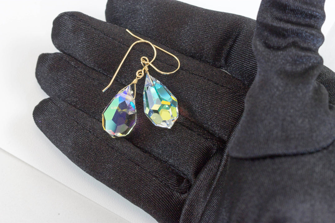Crystal Clear Mystic Earrings Large Fat Faceted Teardrop Drops 14k Solid Gold or Filled or Sterling Silver Briolettes Rainbow Color Simple