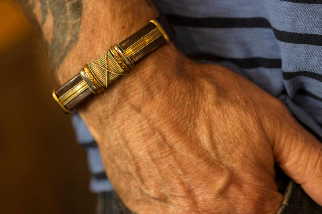 Leather Sterling Silver Bracelet Man's Cuff Adjustable for Men Copper Brass Wrapped Unique Mens Large Brown or Black High Quality 7 8  Inch