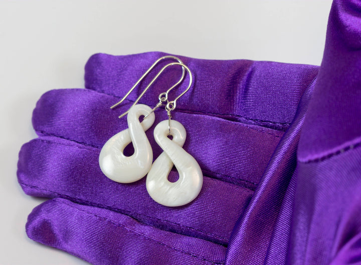 Mother of Pearl Earrings White Shell Carved Infinity Teardrop Natural 14k solid Gold or 14k Gold Filled or Sterling Silver Large  MOP Drops