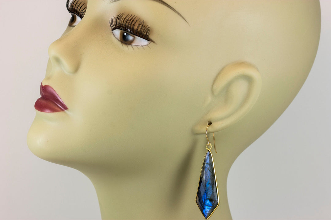 Labradorite Earrings Natural Long Large 2.5 Inches 14k solid gold or filled  or Sterling Silver Pointed Teardrop Drops  Blue Flash Drops