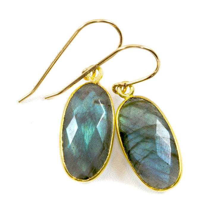 Labradorite Earrings Natural Faceted Elongated Blue Oval 1.3 Inches 14k solid gold or filled Teardrop Drops  Blue Flash High Quality Stones