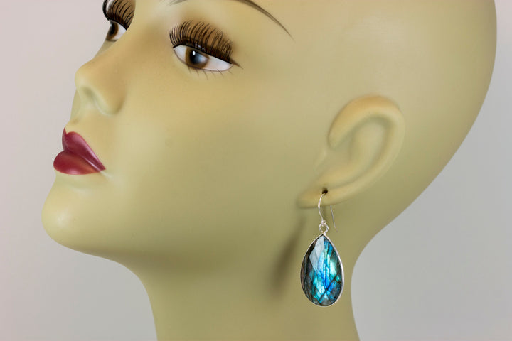 Labradorite Earrings Natural Faceted Super Large 1.8 Inches Sterling Silver or 14k solid gold or filled Teardrop Drops Blue Quality Stones
