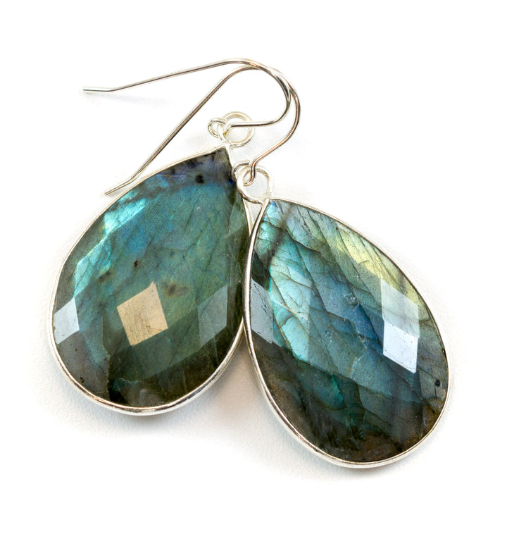 Labradorite Earrings Natural Faceted Super Large 1.8 Inches Sterling Silver or 14k solid gold or filled Teardrop Drops Blue Quality Stones