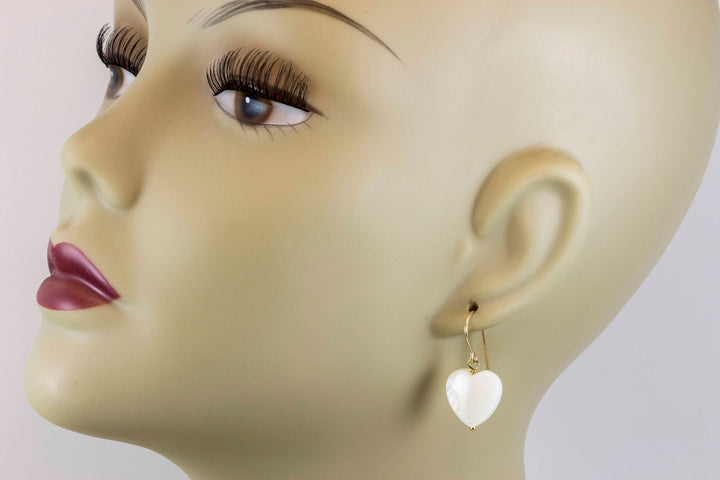 Mother of Pearl Earrings White Shell Heart Shaped Teardrop Natural 14k Solid Gold or Filled or Sterling Silver  High Luster Simple Drops MOP