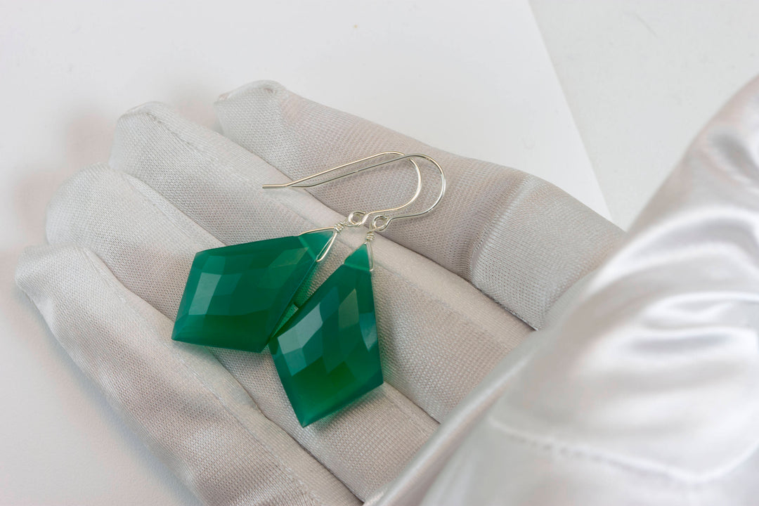 Green Onyx Earrings Faceted Large Triangle 2 Inches Teardrop Sterling Silver or 14k solid yellow gold or 14k Gold Fill Emerald Green Drops 2