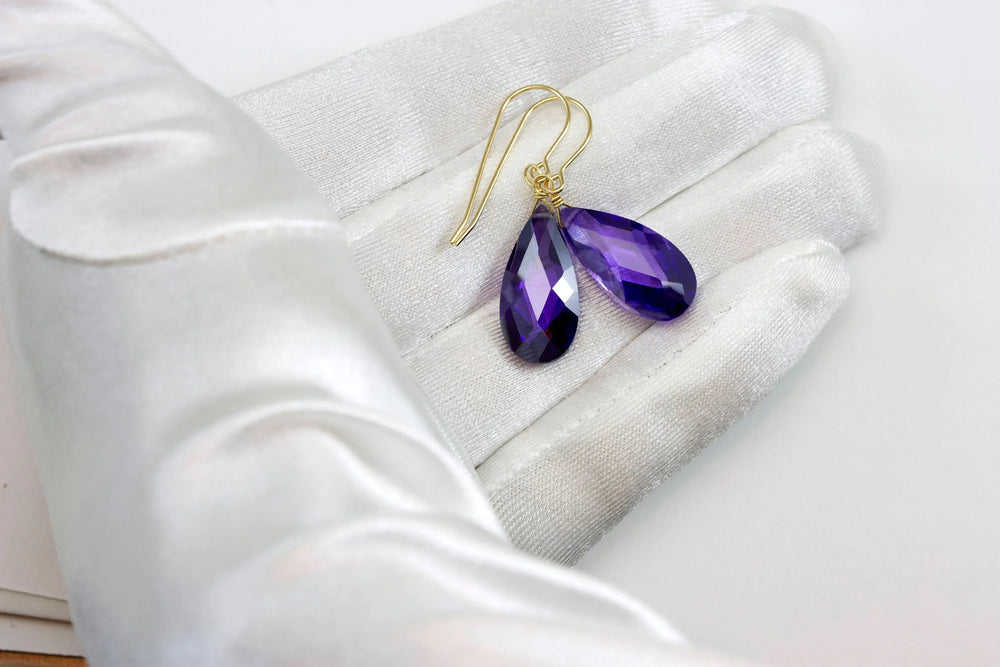 CZ Simulated Tanzanite Earrings Long Faceted Teardrop Briolette Cubic Zirconia Sterling Silver or 14k Solid Gold or Gold Filled Simple Drops - Spyglass Designs