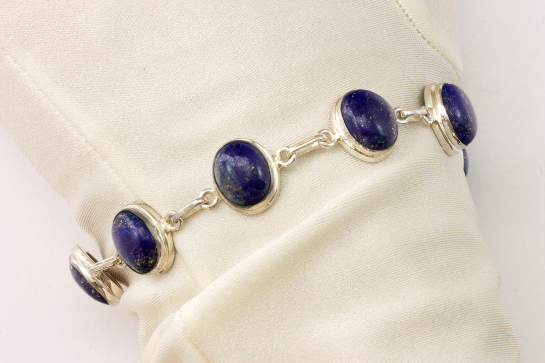 Blue Lapis Lazuli Bracelet Bezel Set Sterling Silver Toggle Clasp Smooth Cabachon 7 8 Inches Adjustable Earthy Natural Rich Blue Lapis