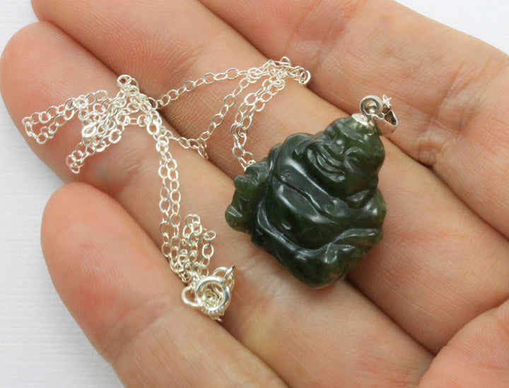 Jade Necklace Green Nephrite Jade Pendant Necklace Buddha Sterling Silver Chain 18 Inches Natural Daily Wear Happy Sitting Smiling