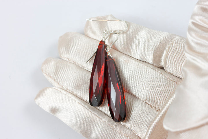 Cubic Zirconia Earrings Simulated Red Garnet Long Large Tear Drop  AAA CZ 14k Solid Gold or Filled or Sterling Silver Facet Simple 2 In