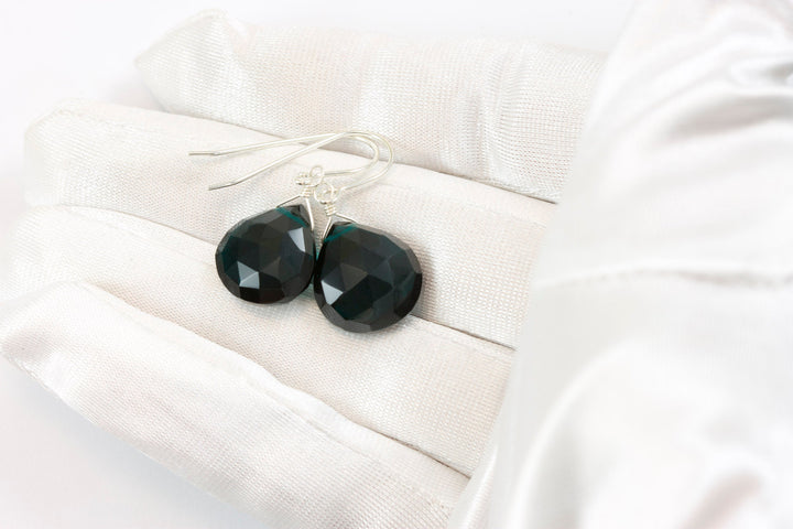 Simulated Teal Tourmaline Earrings Dark Teal Green Faceted Heart Teardrop Sterling Silver 14k Gold Filled Briolette