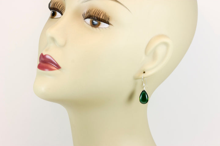 Quartz Earrings Simulated Green Smooth Teardrop Pear Drop Sterling Silver or 14k solid Gold or Filled Dainty Simple Green Dark Color Drops