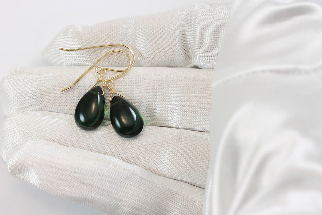 Quartz Earrings Simulated Green Smooth Teardrop Pear Drop Sterling Silver or 14k solid Gold or Filled Dainty Simple Green Dark Color Drops