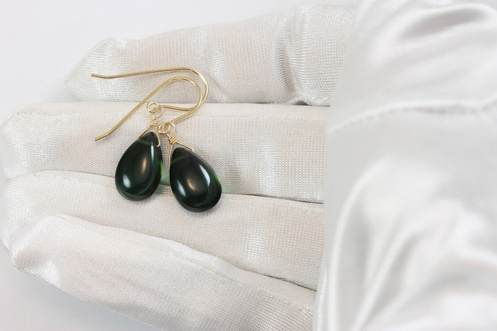 Quartz Earrings Simulated Green Smooth Teardrop Pear Drop Sterling Silver or 14k solid Gold or Filled Dainty Simple Green Dark Color Drops