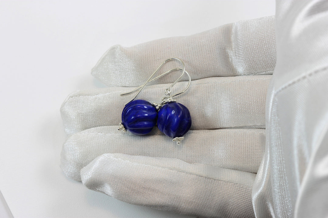 Blue Lapis Earrings Lazuli Natural Round Carved Swirl Drop Sterling Silver 14k solid gold or 14k Gold Filled Rich Beaded Accents