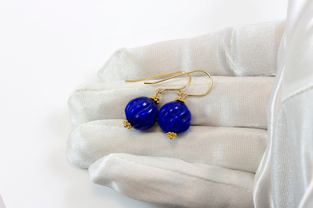 Blue Lapis Earrings Lazuli Natural Round Carved Swirl Drop Sterling Silver 14k solid gold or 14k Gold Filled Rich Beaded Accents
