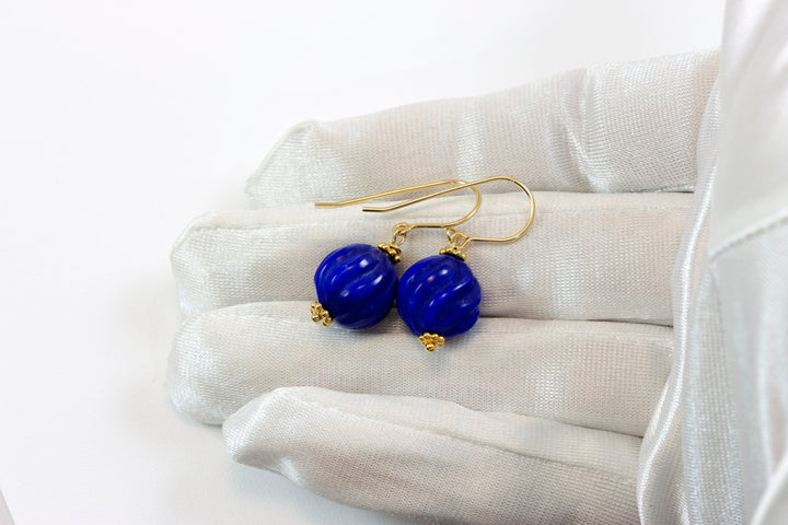 Blue Lapis Earrings Lazuli Natural Round Carved Swirl Drop Sterling Silver 14k solid gold or 14k Gold Filled Rich Beaded Accents