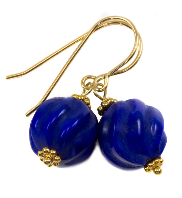 Blue Lapis Earrings Lazuli Natural Round Carved Swirl Drop Sterling Silver 14k solid gold or 14k Gold Filled Rich Beaded Accents