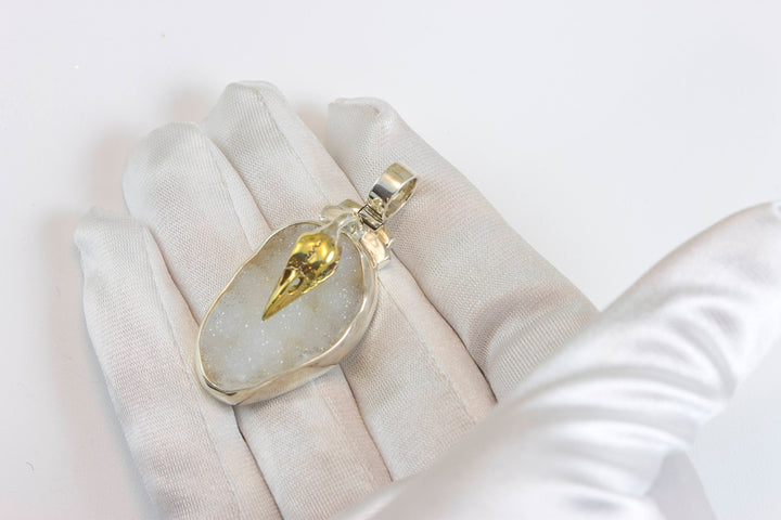 Bird Skull Necklace Drusy Pendant Large sculpted quality cast design unique White Druzy Bezel Set 1.8 Inches Sterling Silver and Brass