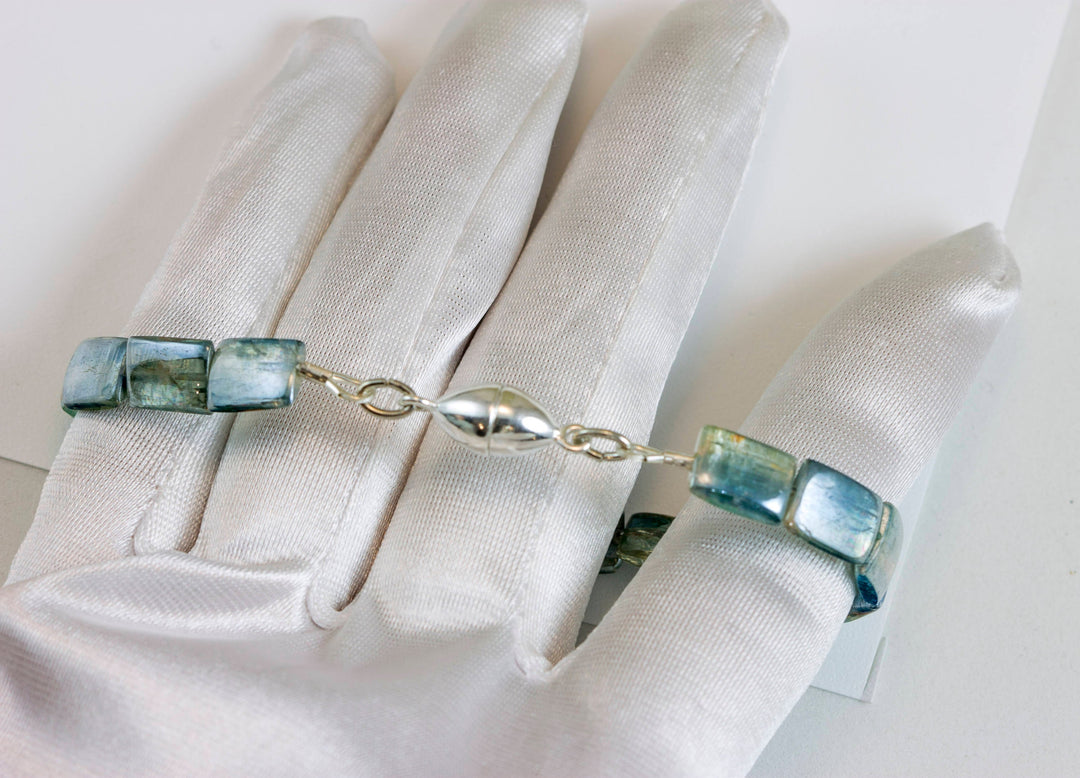 Kyanite Bracelet Yellow 14k Gold Plate or Silver Silvery Blue Very Rare Rectangle Cut and Color 7" Iridescent Unique Color