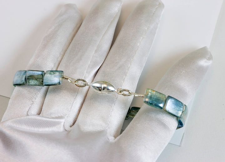 Kyanite Bracelet Yellow 14k Gold Plate or Silver Silvery Blue Very Rare Rectangle Cut and Color 7" Iridescent Unique Color