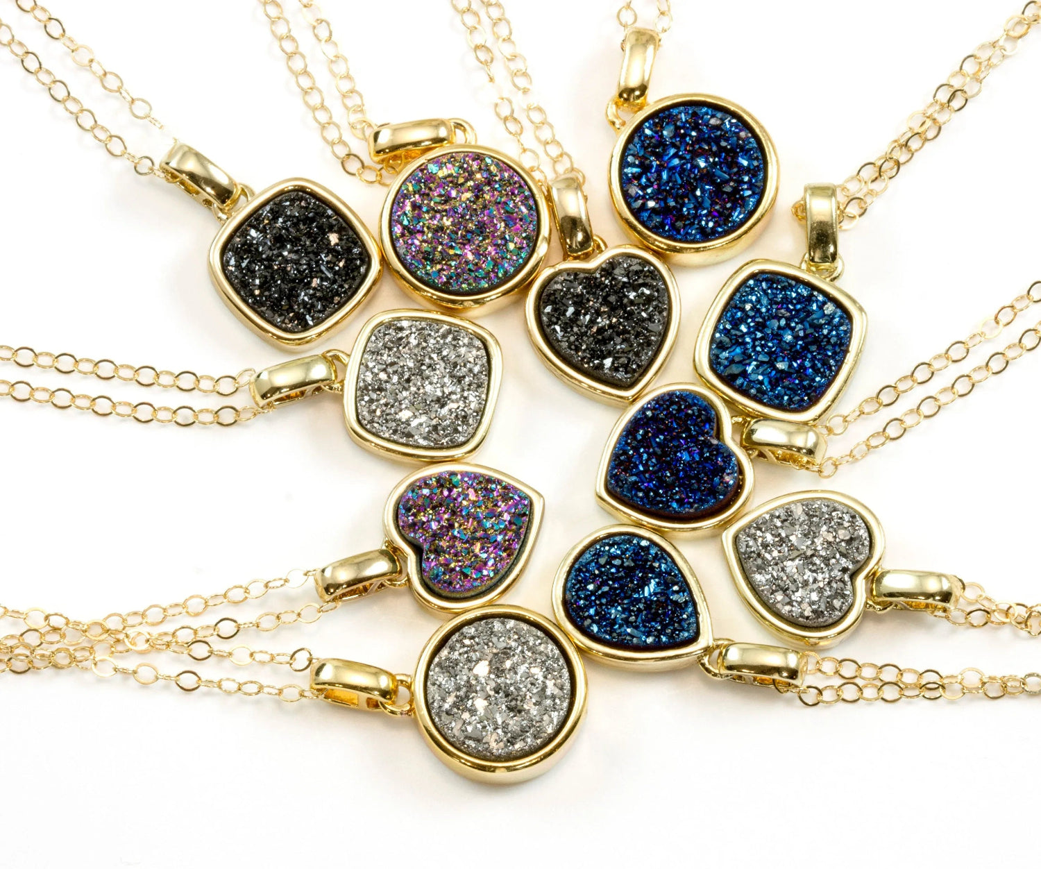 Drusy Pendant Necklace 14k Gold Fill Bezeled Black Peacock Blue Silver Variety Purple Heart Round Square Teardrop Small Dainty 20 Inch Chain - Spyglass Designs