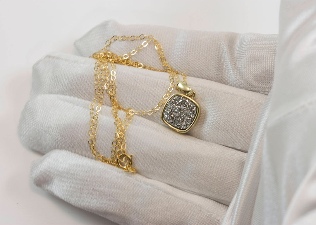 Drusy Pendant Necklace 14k Gold Fill Bezeled Black Peacock Blue Silver Variety Purple Heart Round Square Teardrop Small Dainty 20 Inch Chain