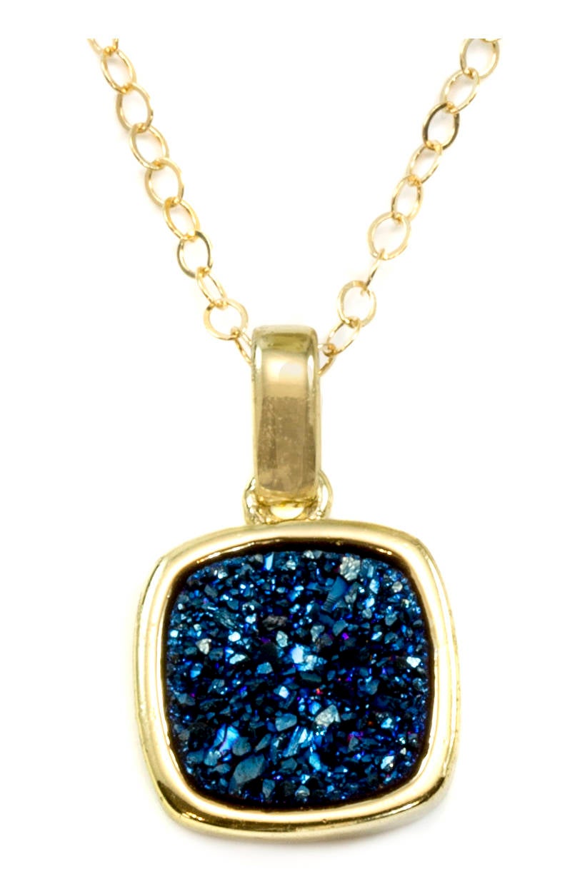 Drusy Pendant Necklace 14k Gold Fill Bezeled Black Peacock Blue Silver Variety Purple Heart Round Square Teardrop Small Dainty 20 Inch Chain