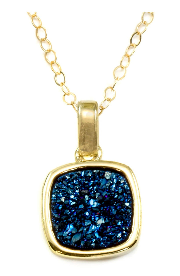 Drusy Pendant Necklace 14k Gold Fill Bezeled Black Peacock Blue Silver Variety Purple Heart Round Square Teardrop Small Dainty 20 Inch Chain