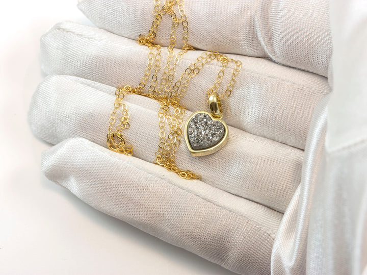 Drusy Pendant Necklace 14k Gold Fill Bezeled Black Peacock Blue Silver Variety Purple Heart Round Square Teardrop Small Dainty 20 Inch Chain