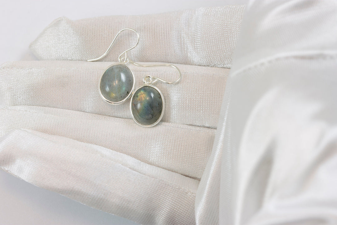 Blue Flash Labradorite Earrings Small Simple Drops Bezel Set Oval Drop Dangle 14k Solid Gold or Filled or Sterling Silver Dainty Smooth Cut