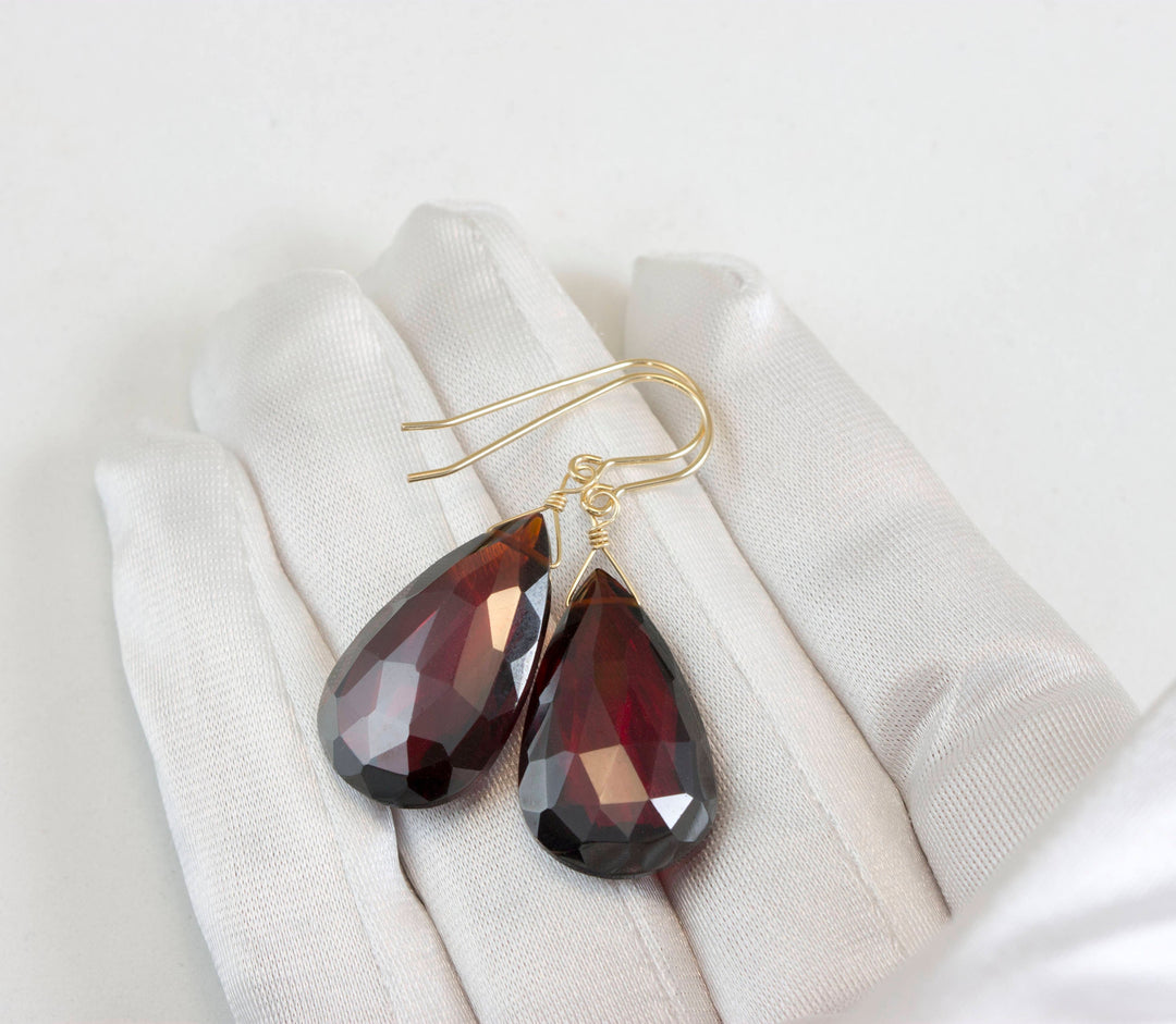 Deep Red Simulated Garnet Earrings Facet Large Pear Teardrop Drop Dangle 14k Solid Gold or Yellow or Rose Filled or Sterling Silver Classic