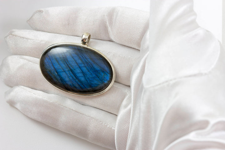 Labradorite Pendant Sterling Silver  Long Oval Cabachon Necklace Pendant Bezel Set AAA Natural Blue Flash Simple Classic Spyglass Designs
