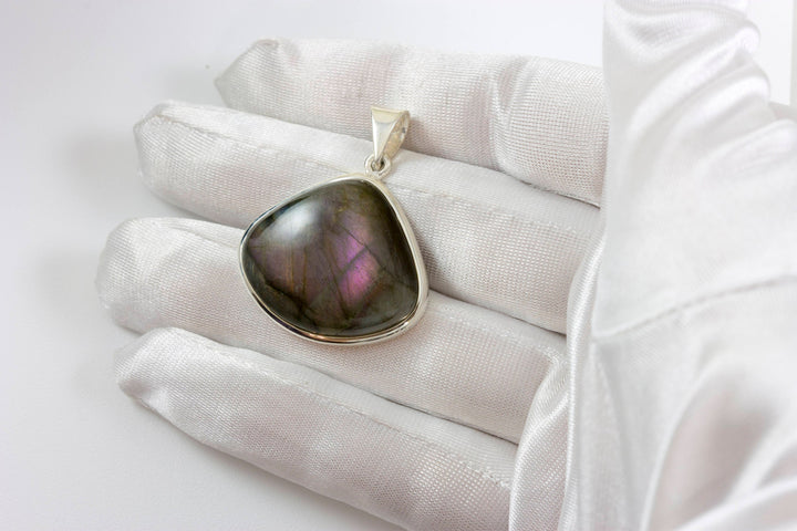 Purple Labradorite Necklace Pendant Sterling Silver Bezel Set Large Fat Teardrop Shape AAA Spyglass Designs Natural Flash Rare Color