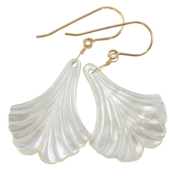 Mother of Pearl Earrings White Shell Carved Fan Leaf Teardrop Natural 14k Gold or Filled or Sterling Silver Large MOP Drops 2 Inch