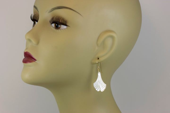Mother of Pearl Earrings White Shell Carved Fan Leaf Teardrop Natural 14k Gold or Filled or Sterling Silver Large MOP Drops 2 Inch