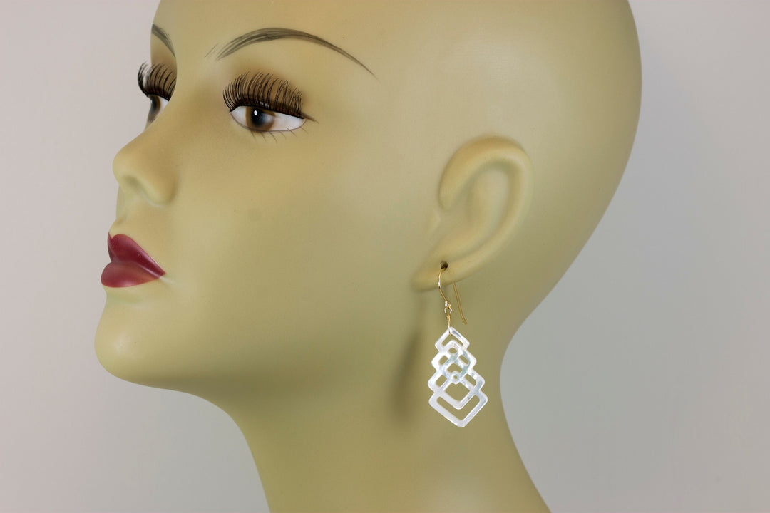 Mother of Pearl Earrings White Shell Carved Tiered Square Teardrop Natural 14k Gold or Filled or Sterling Silver Large MOP Drops 2 Inch