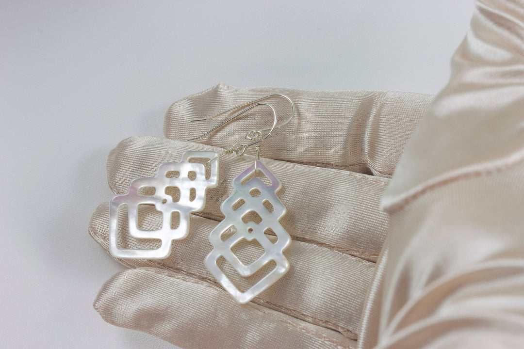 Mother of Pearl Earrings White Shell Carved Tiered Square Teardrop Natural 14k Gold or Filled or Sterling Silver Large MOP Drops 2 Inch