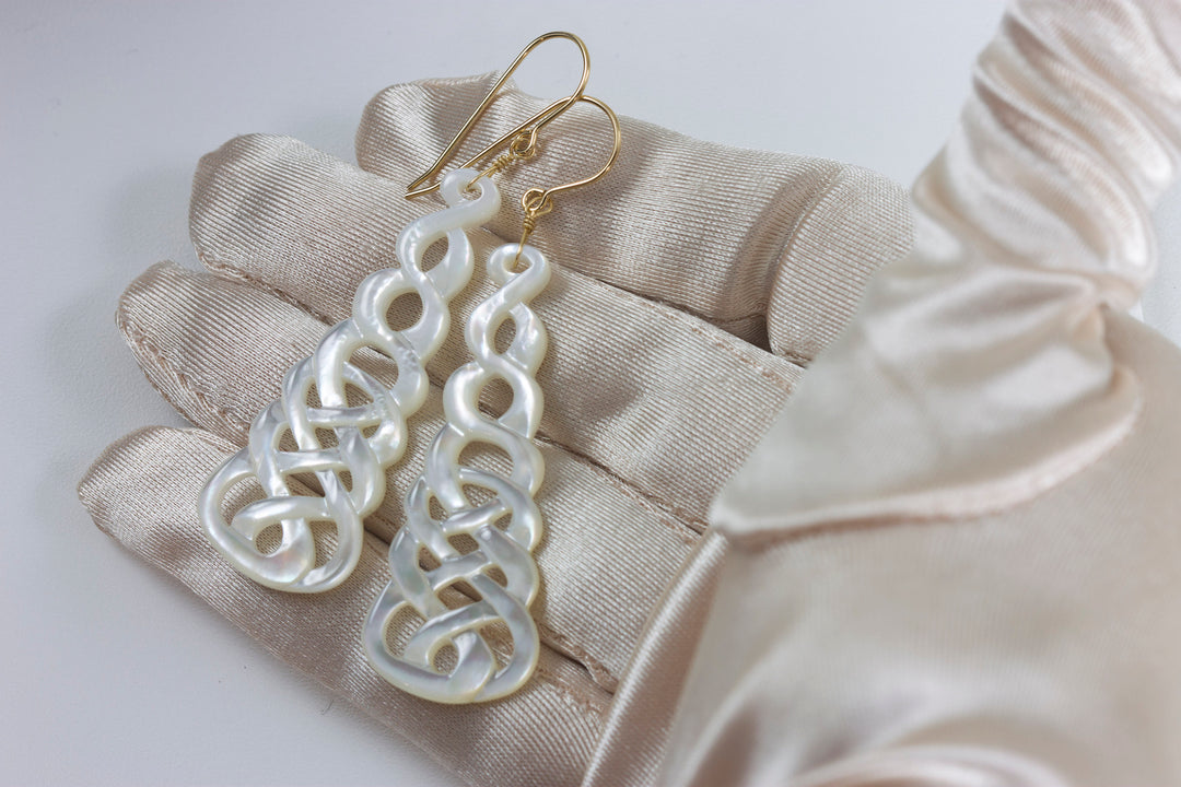 Mother of Pearl Earrings White Shell Carved Relief Celtic Infinity Knot Teardrop Natural 14k Gold or Filled or Sterling Silver Large MOP 2.5