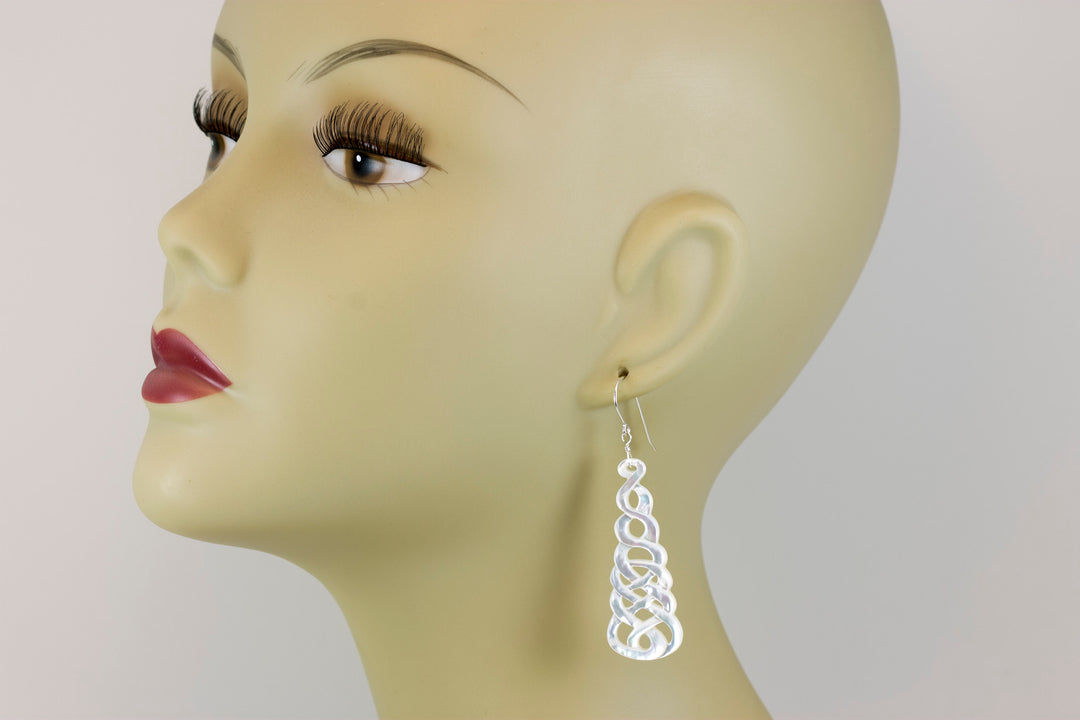 Mother of Pearl Earrings White Shell Carved Relief Celtic Infinity Knot Teardrop Natural 14k Gold or Filled or Sterling Silver Large MOP 2.5