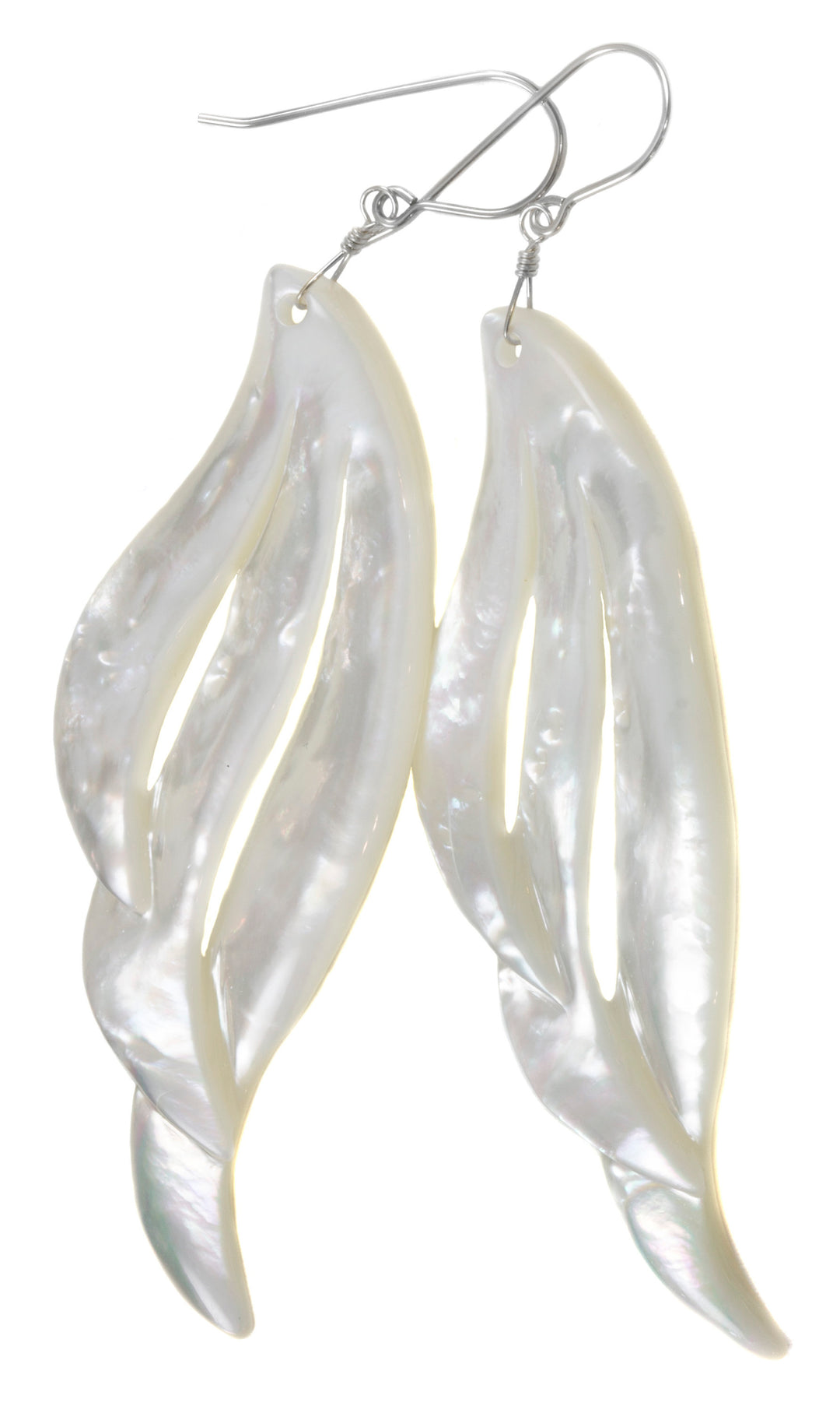 Mother of Pearl Earrings White Shell Carved Relief Feather Wing Teardrop Natural 14k Gold or Filled or Sterling Silver Large MOP 3.4