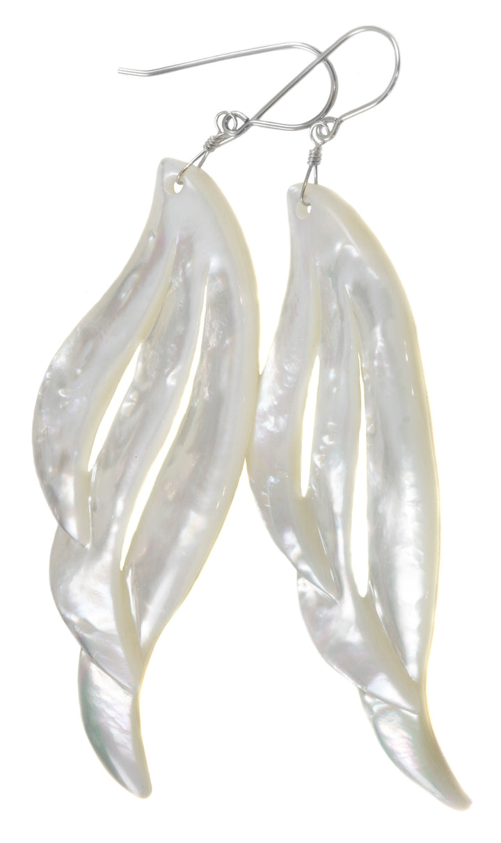 Mother of Pearl Earrings White Shell Carved Relief Feather Wing Teardrop Natural 14k Gold or Filled or Sterling Silver Large MOP 3.4
