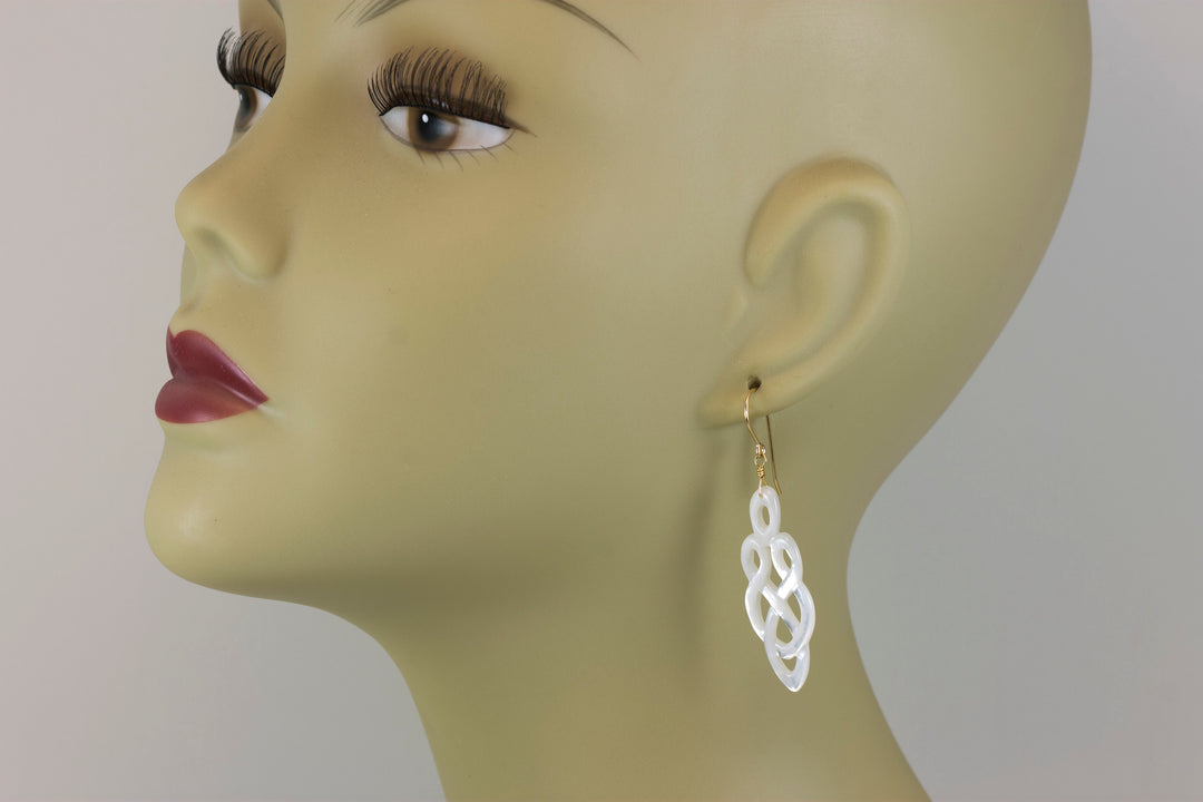 Mother of Pearl Earrings White Shell Carved Relief Celtic Infinity Teardrop Natural 14k Gold or Filled or Sterling Silver Large MOP 2.2
