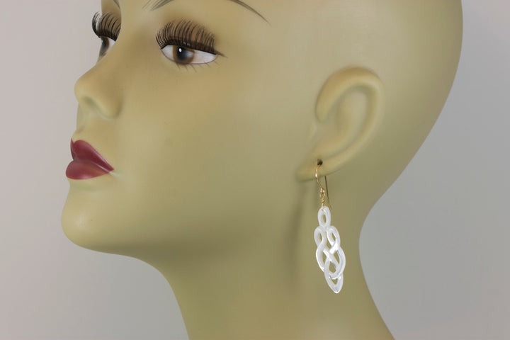 Mother of Pearl Earrings White Shell Carved Relief Celtic Infinity Teardrop Natural 14k Gold or Filled or Sterling Silver Large MOP 2.2
