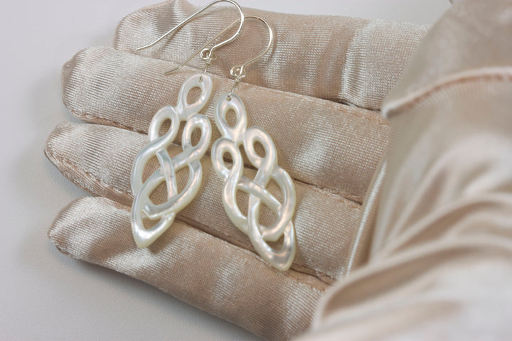 Mother of Pearl Earrings White Shell Carved Relief Celtic Infinity Teardrop Natural 14k Gold or Filled or Sterling Silver Large MOP 2.2