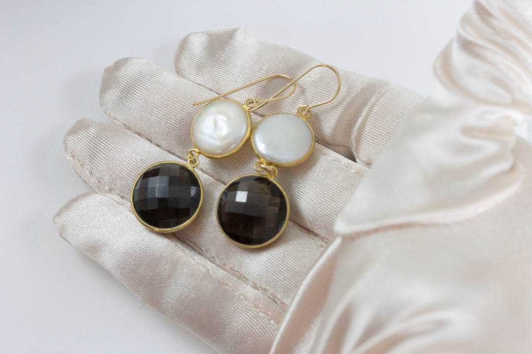 Smoky Quartz Button Pearl Earrings Large Bezel Round 14k Solid Gold or Filled White Freshwater Cult Pearls Classic Simple Drops 2 Inch