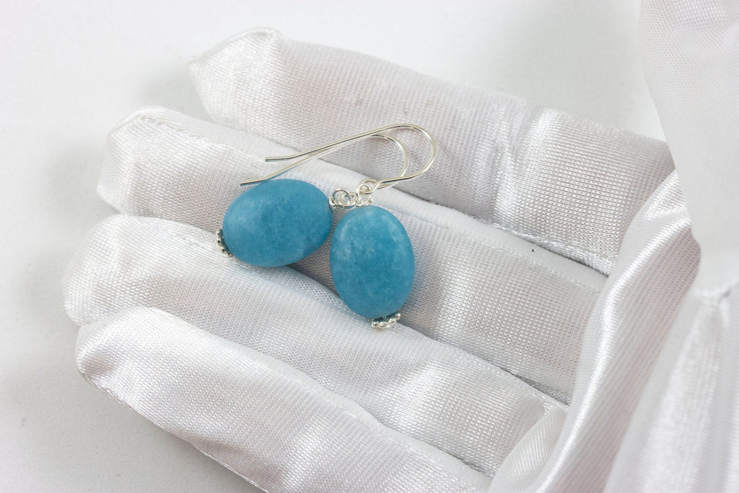 Quartzite Earrings Steel Blue Polished Matte Finish Smooth Oval Cut Beaded Accents 14k solid gold or filled or sterling silver Drop Dangle