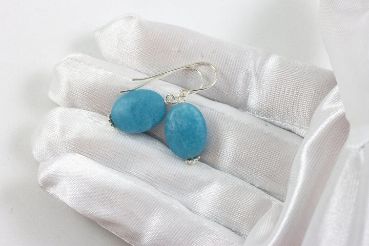 Quartzite Earrings Steel Blue Polished Matte Finish Smooth Oval Cut Beaded Accents 14k solid gold or filled or sterling silver Drop Dangle