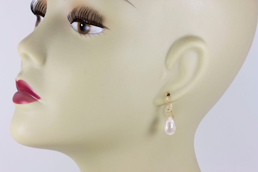 Rose Quartz Earrings Soft Pink Briolette Faceted Teardrop Dangle 14k solid gold or Sterling Silver or 14k Gold Filled Small Dainty Drops