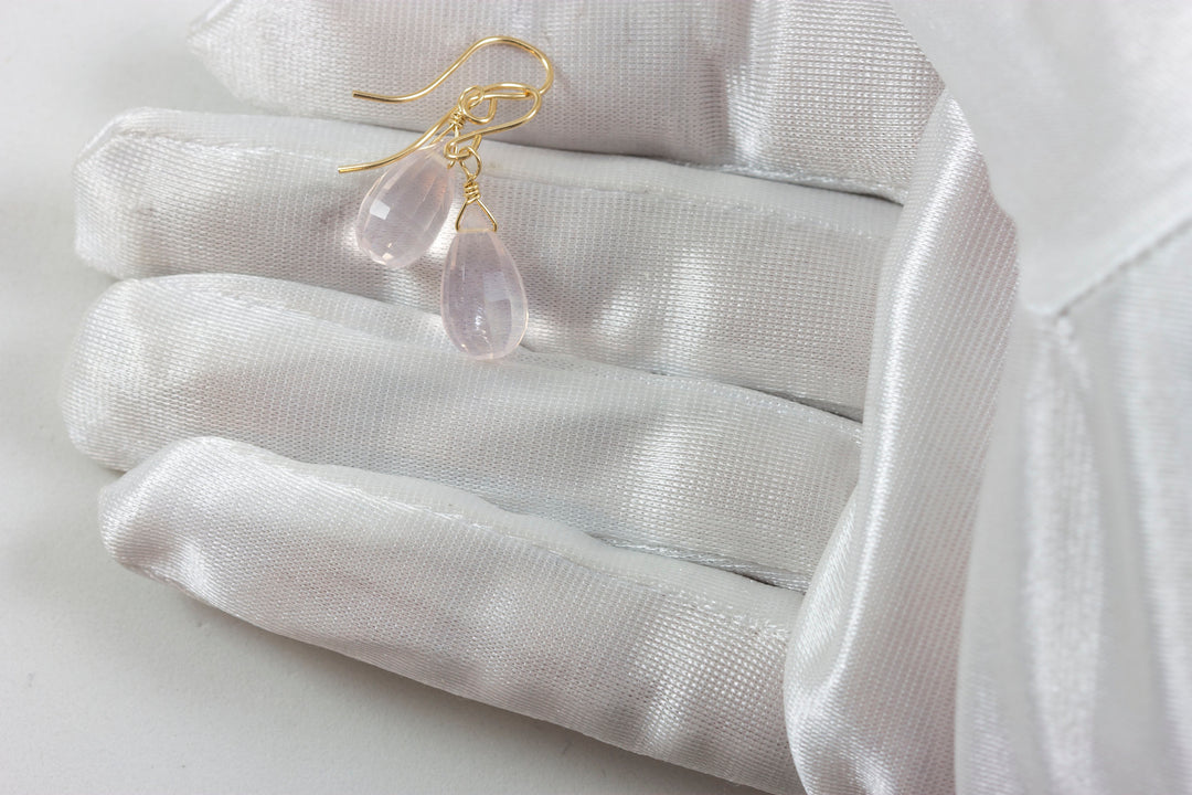 Rose Quartz Earrings Soft Pink Briolette Faceted Teardrop Dangle 14k solid gold or Sterling Silver or 14k Gold Filled Small Dainty Drops
