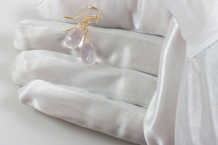 Rose Quartz Earrings Soft Pink Briolette Faceted Teardrop Dangle 14k solid gold or Sterling Silver or 14k Gold Filled Small Dainty Drops